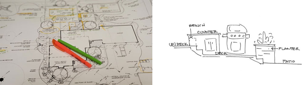 Marking up a plan for revisions, Elevation view sketch of an outdoor grill station