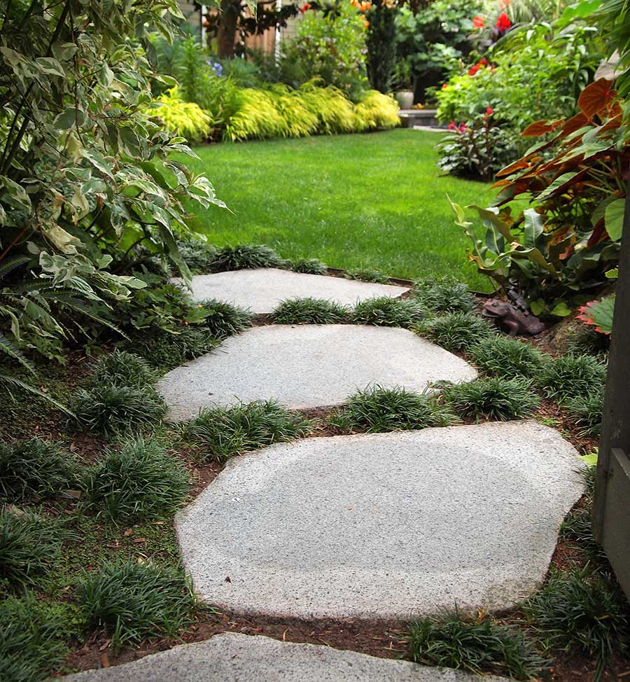 Garden path, granite pavers, mondo grass