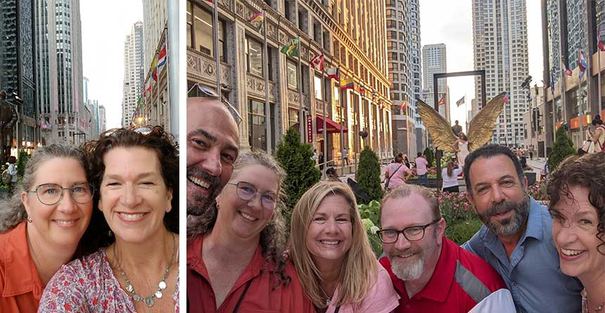 Selfie of two women downtown and Group photo of adult men and women in downtown Chicago