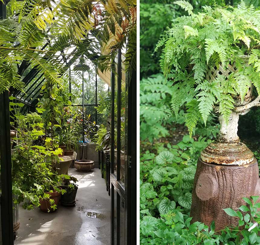 inside view of a greenhouse structure and plants and plants and garden sculptures