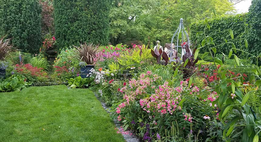 Flower border planting and grass