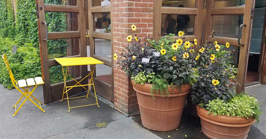 outdoor seating and colorful pots