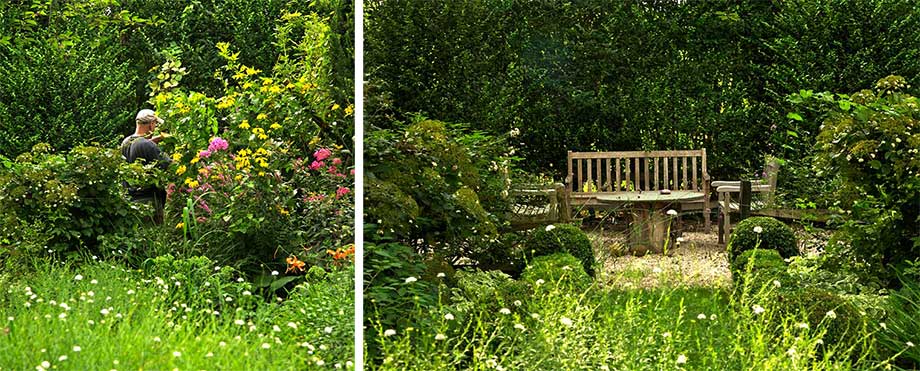 Left: The author in the garden pruning a large shrub. Right: Looking at a wooden bench & chairs with a table made with stone top and wood log base. Vegetation in the foreground, privet hedge as a backdrop 