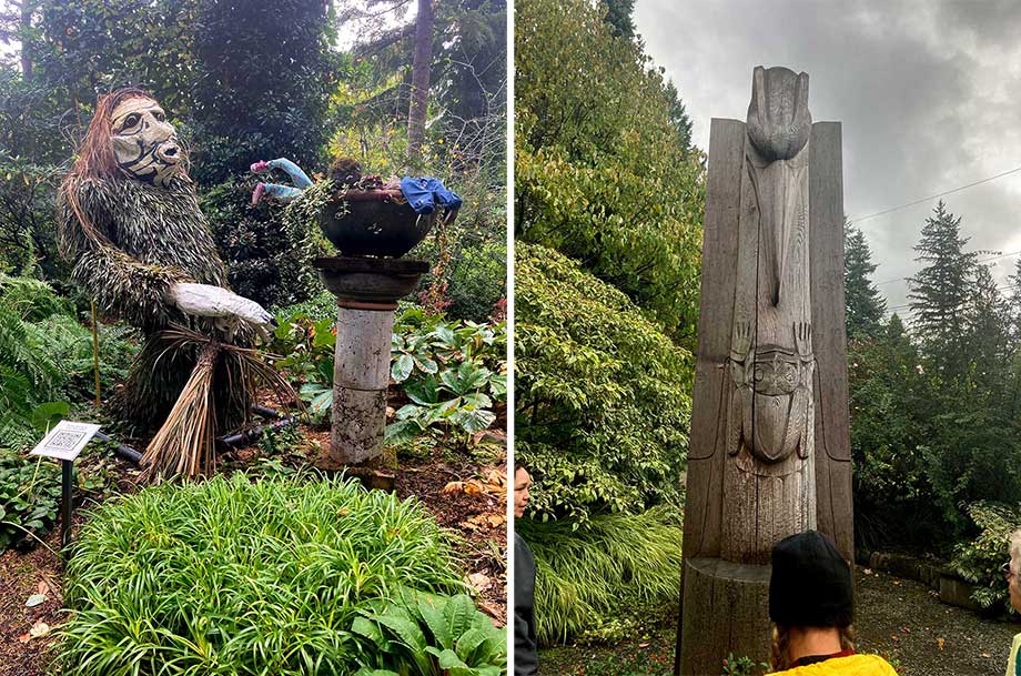 Left: Large natural material sculpture of a creature chasing children who are hiding in a pot on a pedestal. Right: Tall wooden welcome pole, with carvings of a heron and frog 