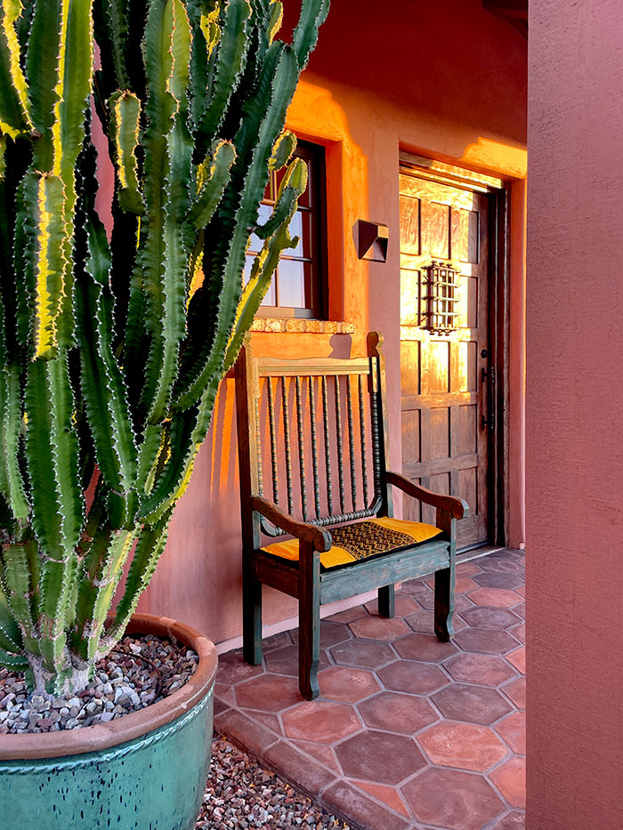 Private home entry courtyard at sunset in Arizona