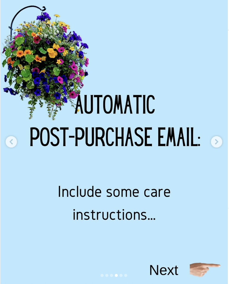 image with hanging flower basket and the words Automatic Post-Purchase Email: Include some care instructions...