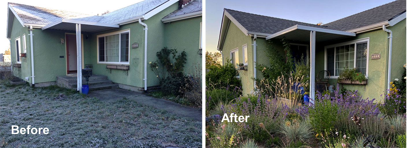 Natural landscape design showing before and after.