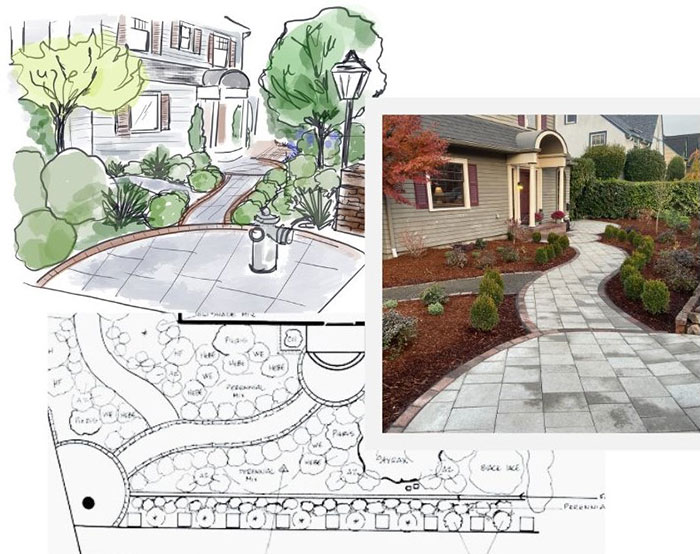photos of landscape drawing and landscape path
