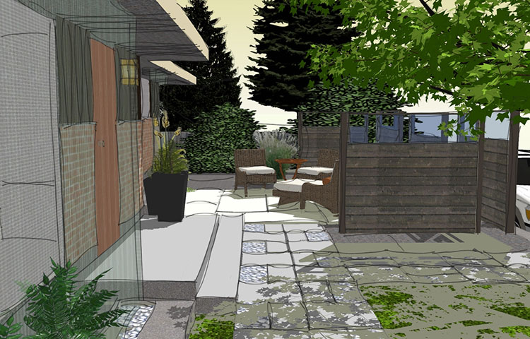 SketchUp drawing of a concept for an entrance and courtyard