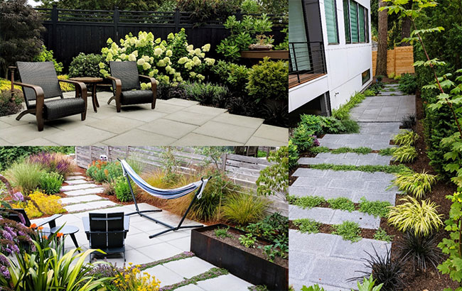 A collage of images of small space gardens featuring perfectly scaled seating areas and paths along with colorful plantings