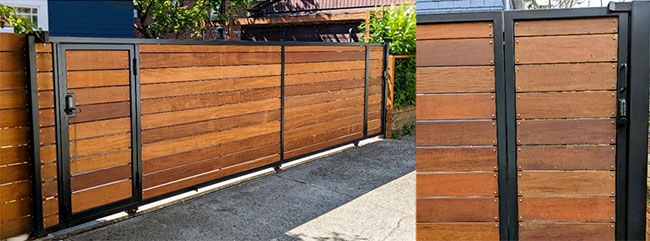 A unique sliding driveway gate featuring a walk–through gate and folding panel—all designed to fit into a size-challenged site.