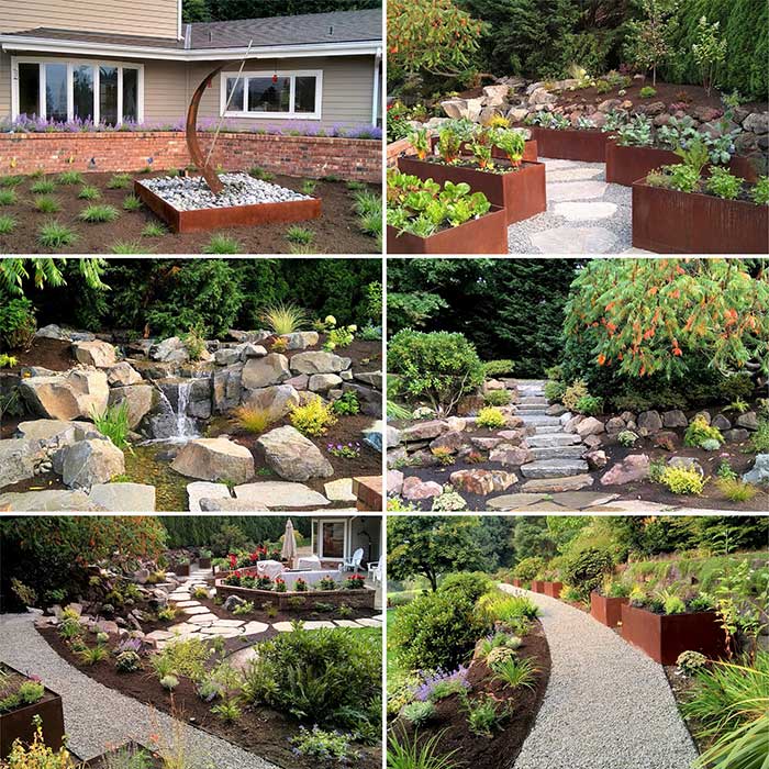A collage of water features, stone steps, cor-ten steel planters and a garden path.