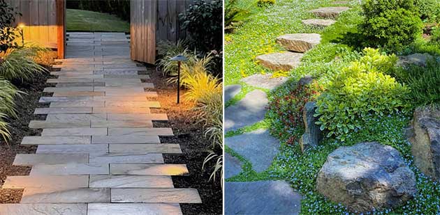 Images featuring different path materials and designs. One is a straight path with dimensional stone pavers, the other a curved path with irregular flagstones and stone treads.