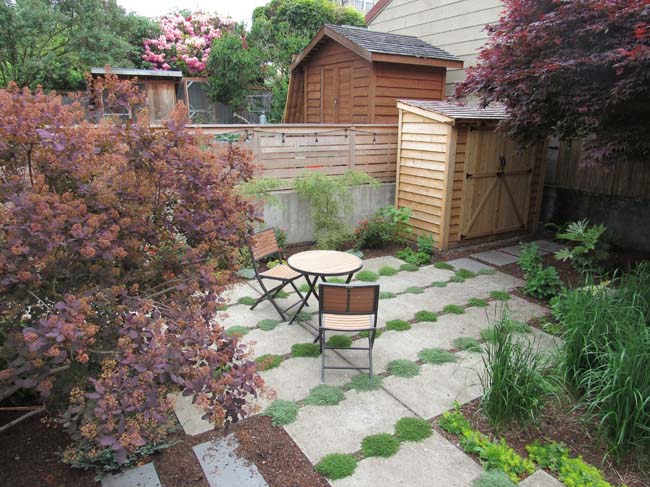 Repurposing old concrete patio for cost savings & environmental benefits of keeping materials onsite. Design & photo: Firecracker, Homeowner installation