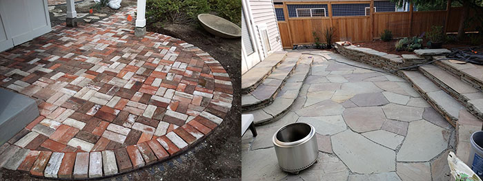 Two images showing very different ways of designing with stone. At left, a semi-circular patio and entry pathway created from bricks salvaged from many sources. On the right, a natural flagstone patio is surrounded by shallow steps and low retaining walls that are the perfect height to double as seating.