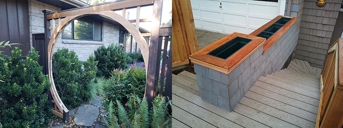 Two images showing intricate construction details. At left, a circular wood moongate inset into an existing fence is surrounded by shrubs and perennials. On the right, raised wooden planters are set into a deck and form part of the pony-wall for the staircase.