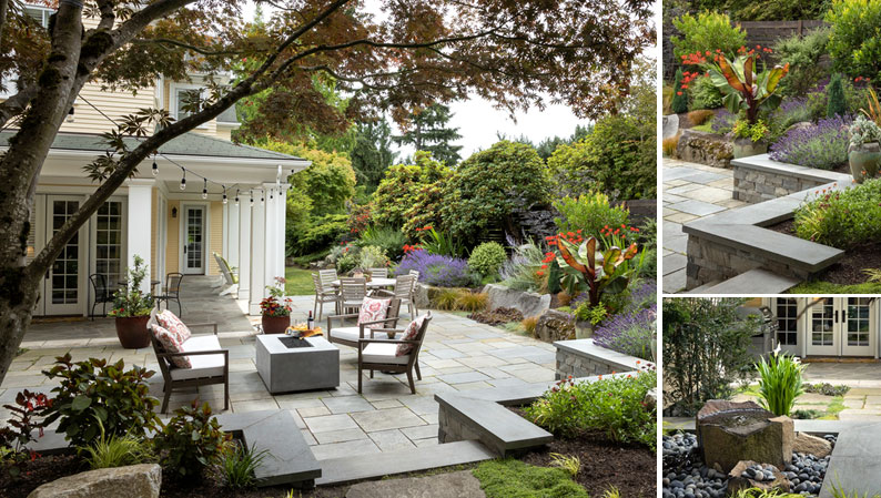 A collage of images showing a bluestone entertainment space surrounded by colorful plantings. A ledgestone wall and natural basalt rock water feature are focal points of this space.