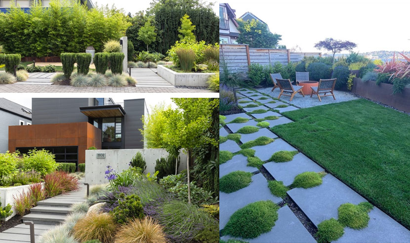 A collage of images showing a screen of textural plants, the colorfully planted entry and the sheltered waterside patio of a modern West Seattle home.