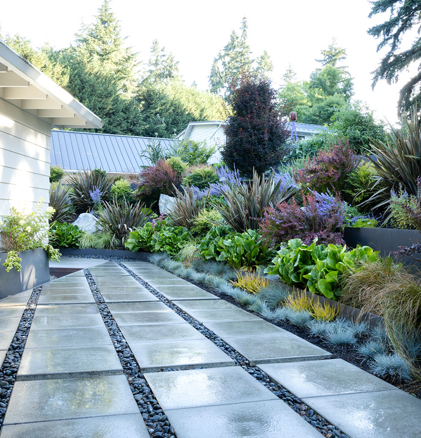 Complementary design elements in the same garden with a linear stone patio 