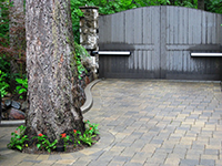 New owner-designed entry gate, and paved driveway, with careful consideration of existing tree